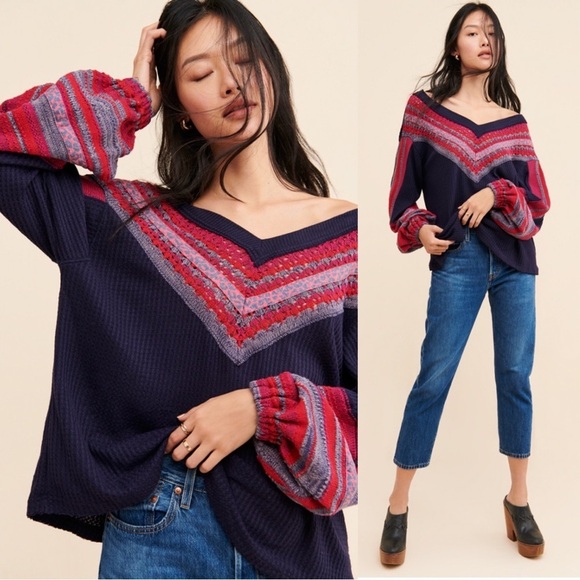 Free People • Copenhagen thermal knit top balloon sleeve mixed media navy red - Picture 1 of 13